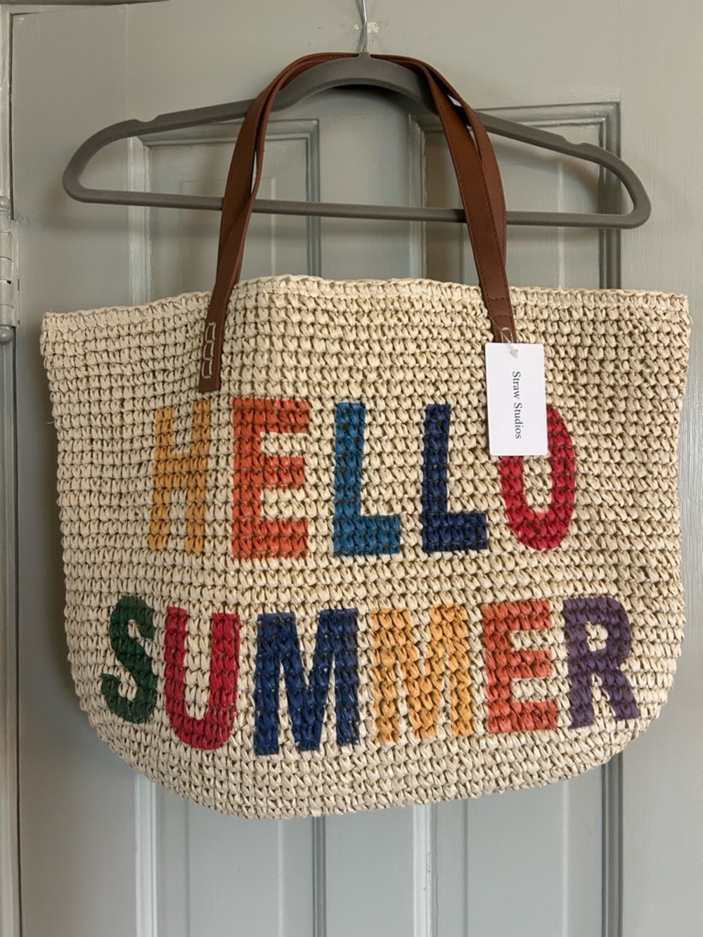 Straw Studios woven straw tote bag NEW "HELLO SUMMER"